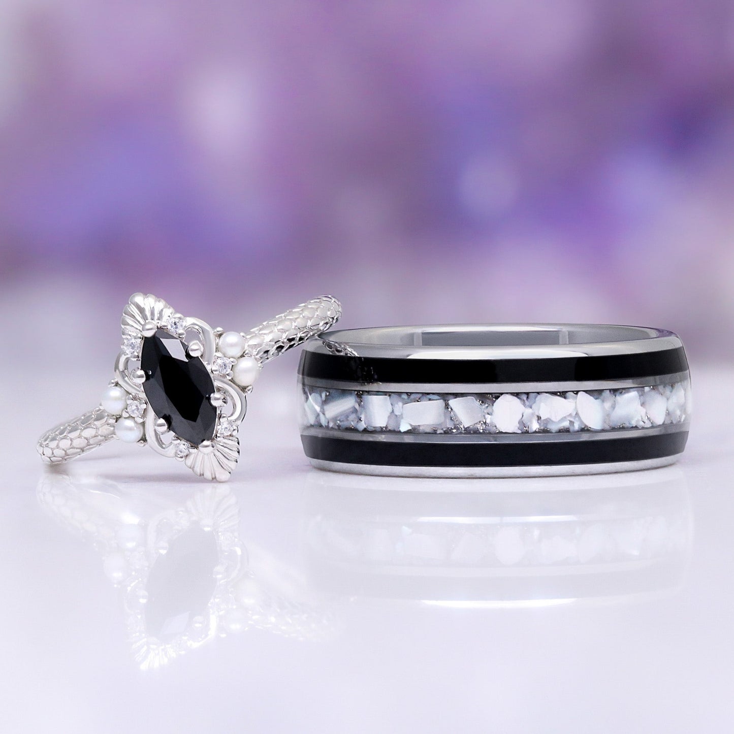 Arwen Black Onyx & Pearl Couples Ring Set