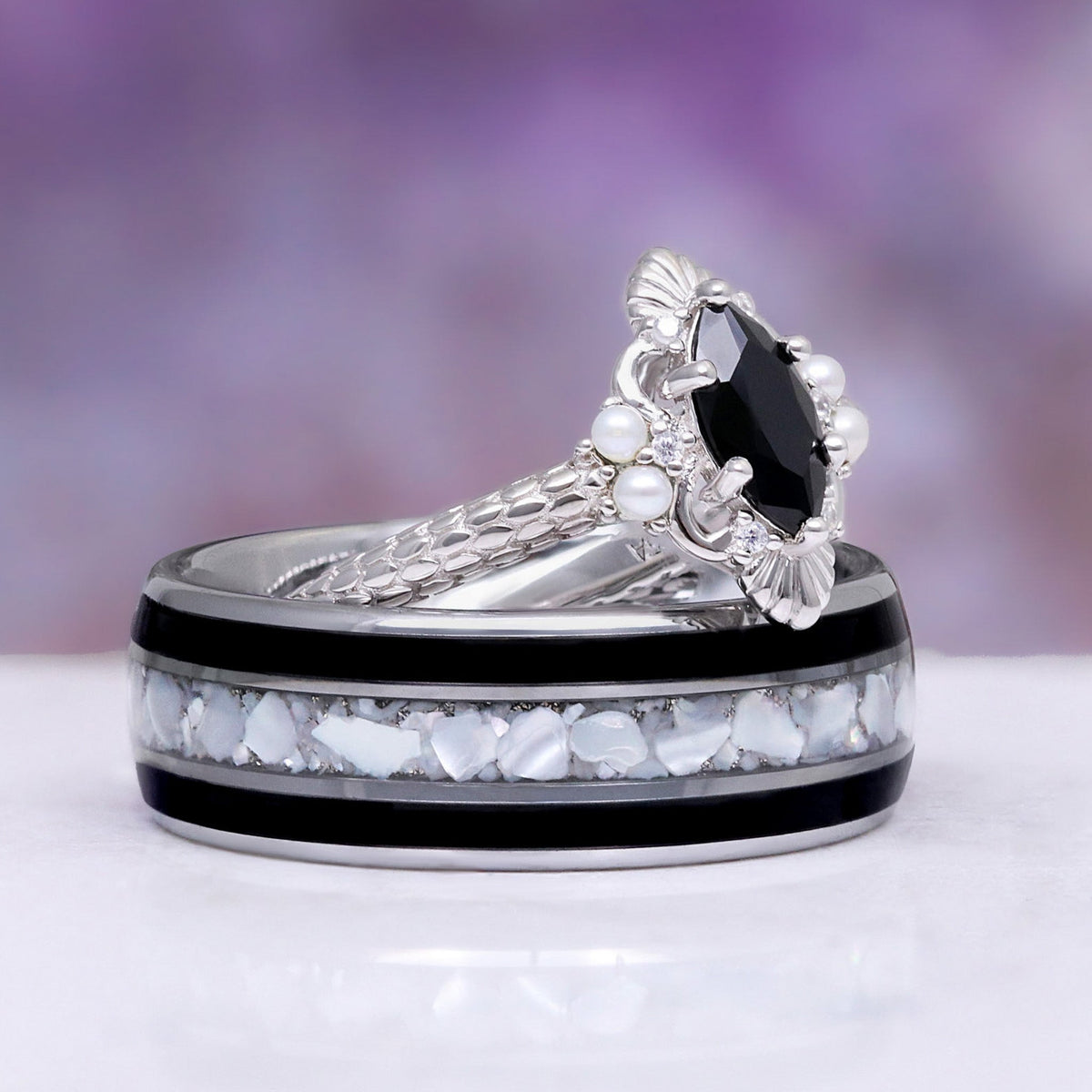 Arwen Black Onyx & Pearl Couples Ring Set