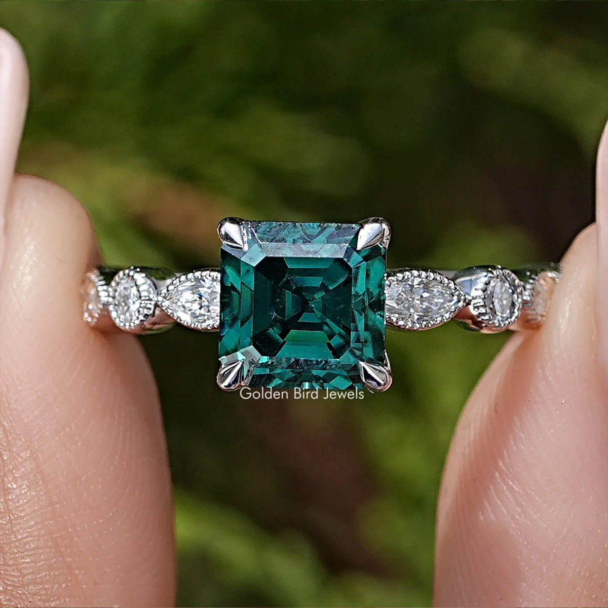Green Asscher Moissanite Engagement Ring