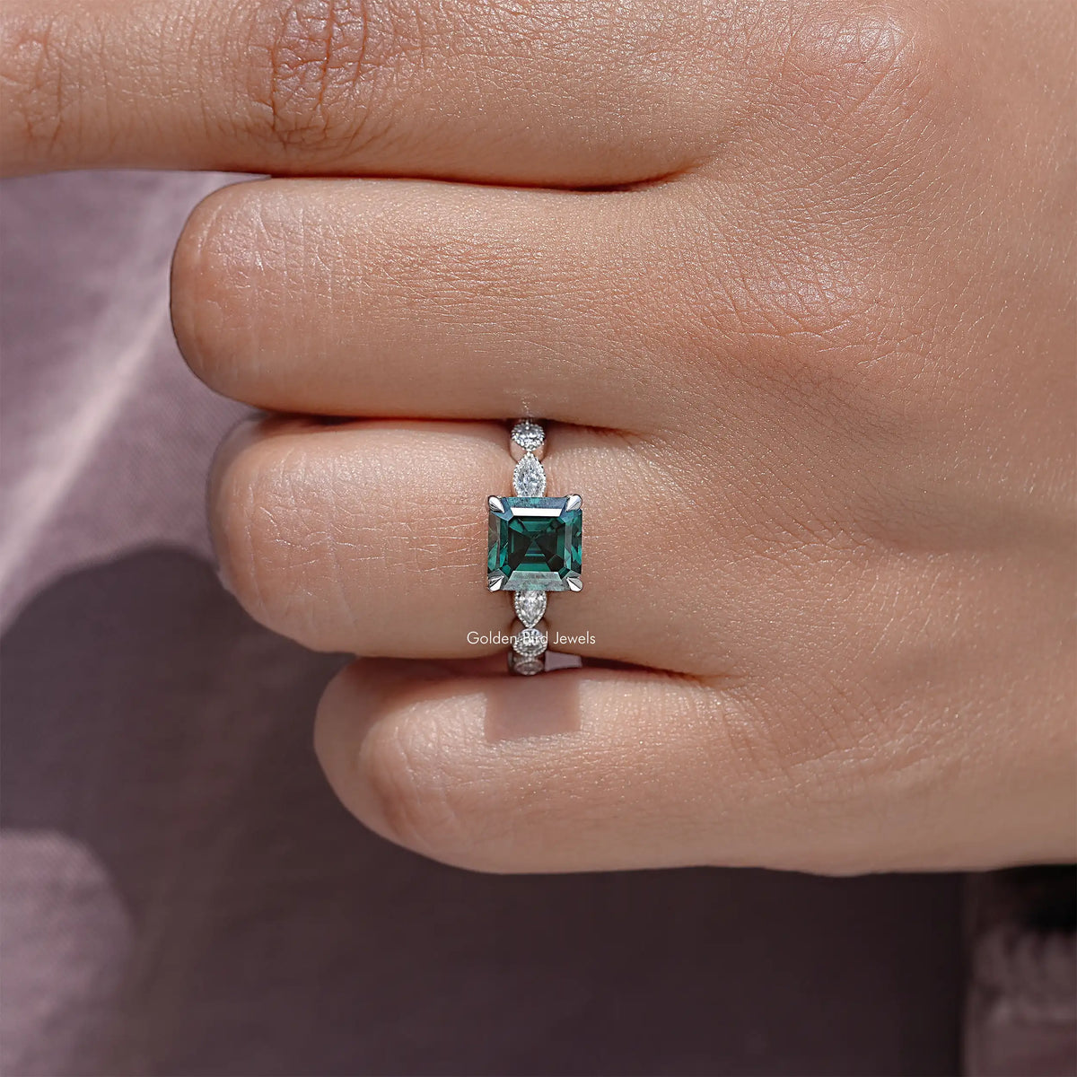 Green Asscher Moissanite Engagement Ring