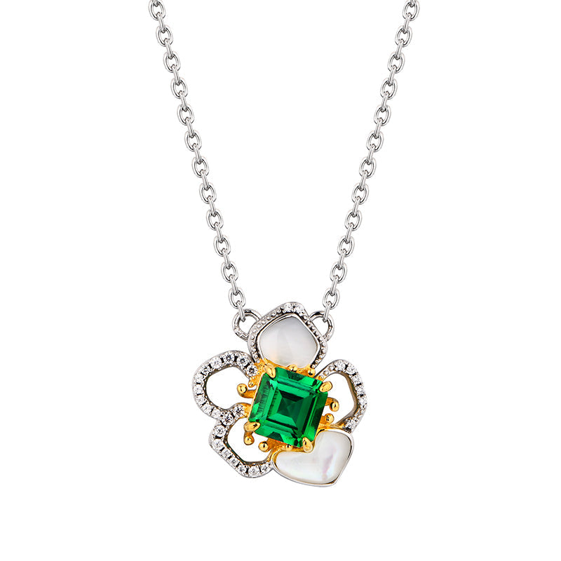 Asscher Emerald Pave Two Tone Necklace In Sterling Silver