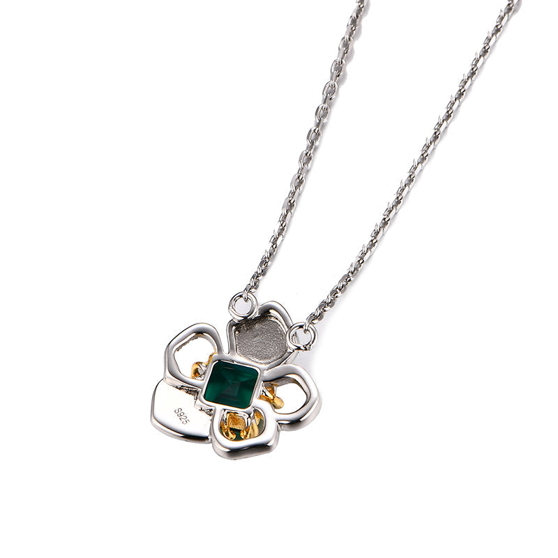 Asscher Emerald Pave Two Tone Necklace In Sterling Silver