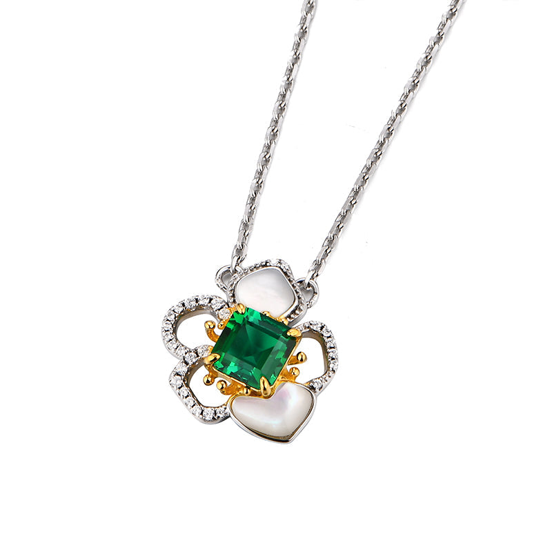 Asscher Emerald Pave Two Tone Necklace In Sterling Silver