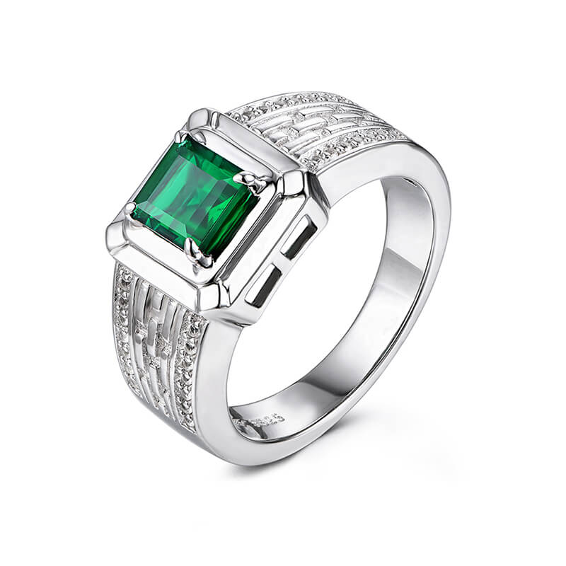 Asscher Lab-Created Emerald Pave Accents Sterling Silver Ring For Men