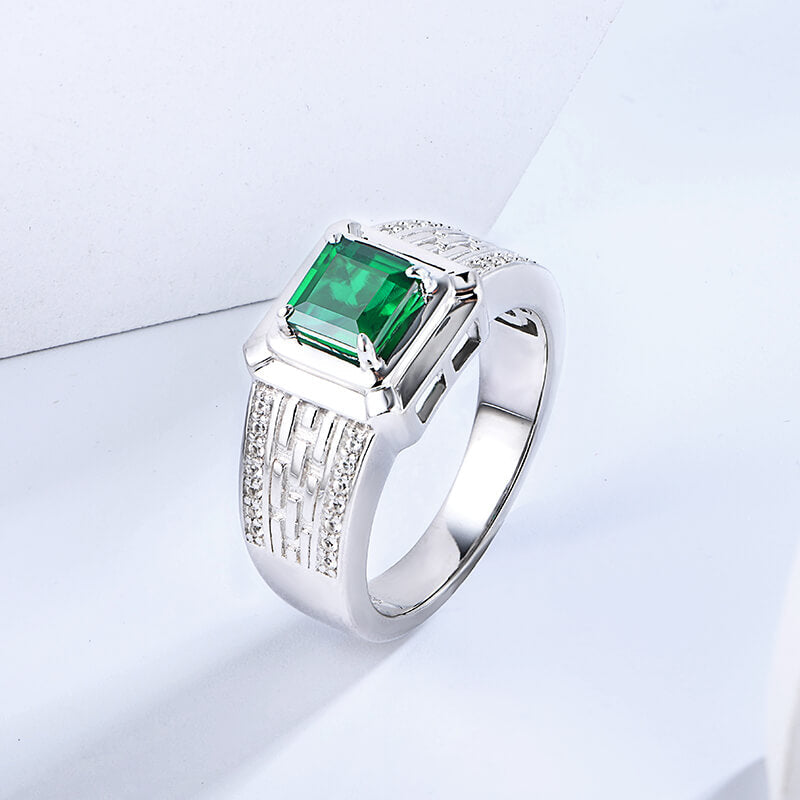Asscher Lab-Created Emerald Pave Accents Sterling Silver Ring For Men
