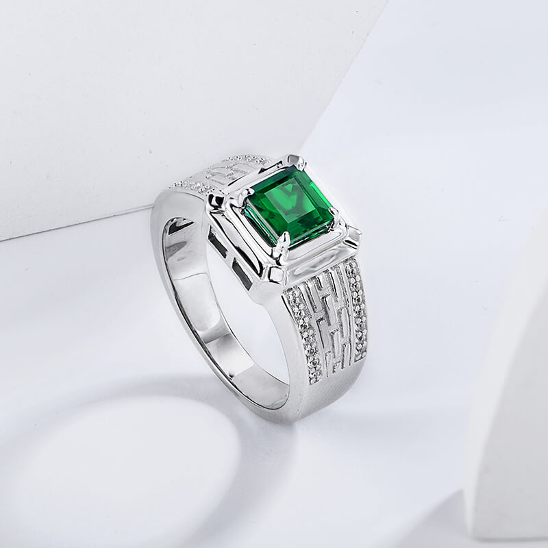 Asscher Lab-Created Emerald Pave Accents Sterling Silver Ring For Men