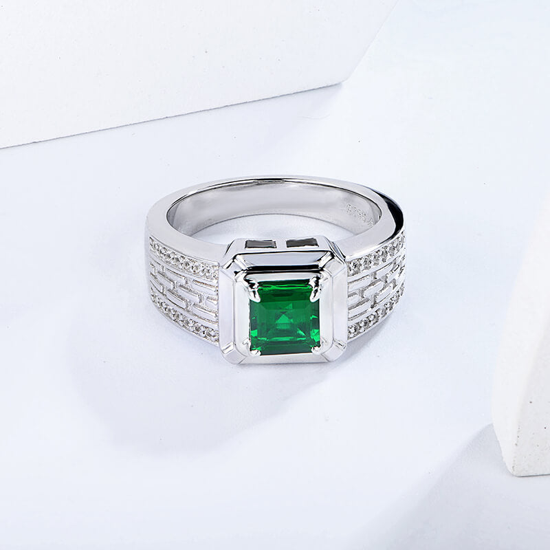 Asscher Lab-Created Emerald Pave Accents Sterling Silver Ring For Men
