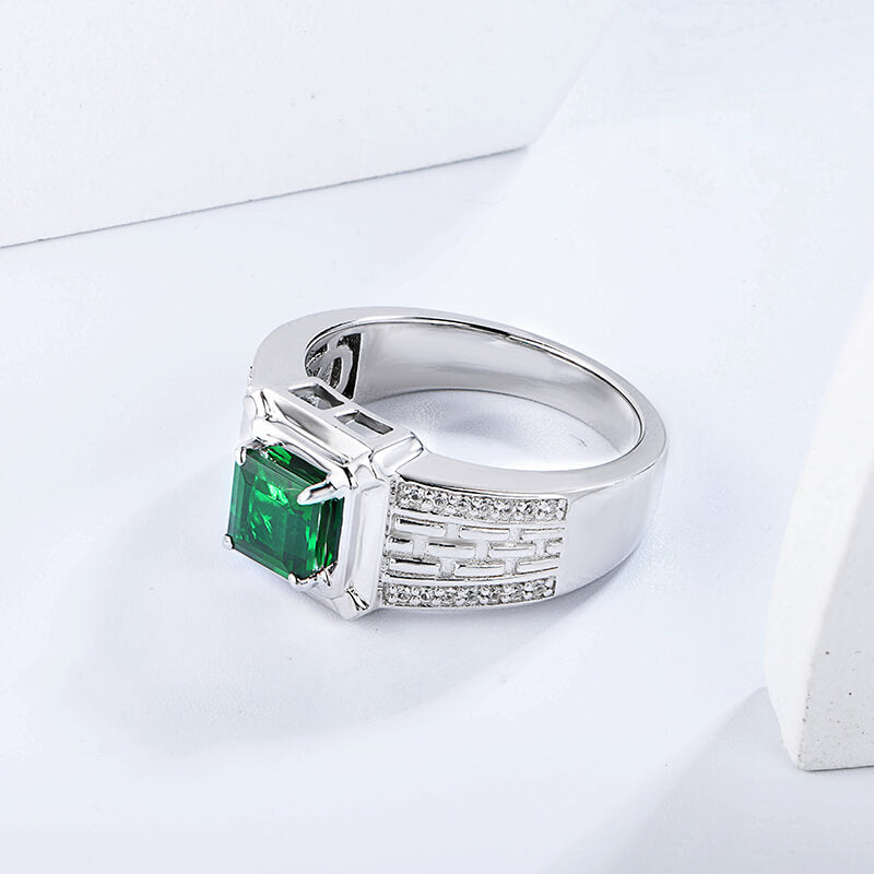 Asscher Lab-Created Emerald Pave Accents Sterling Silver Ring For Men