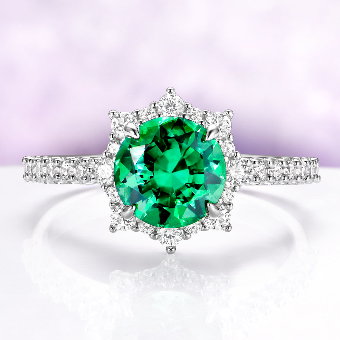 Aster Round Emerald Ring in Sterling Silver