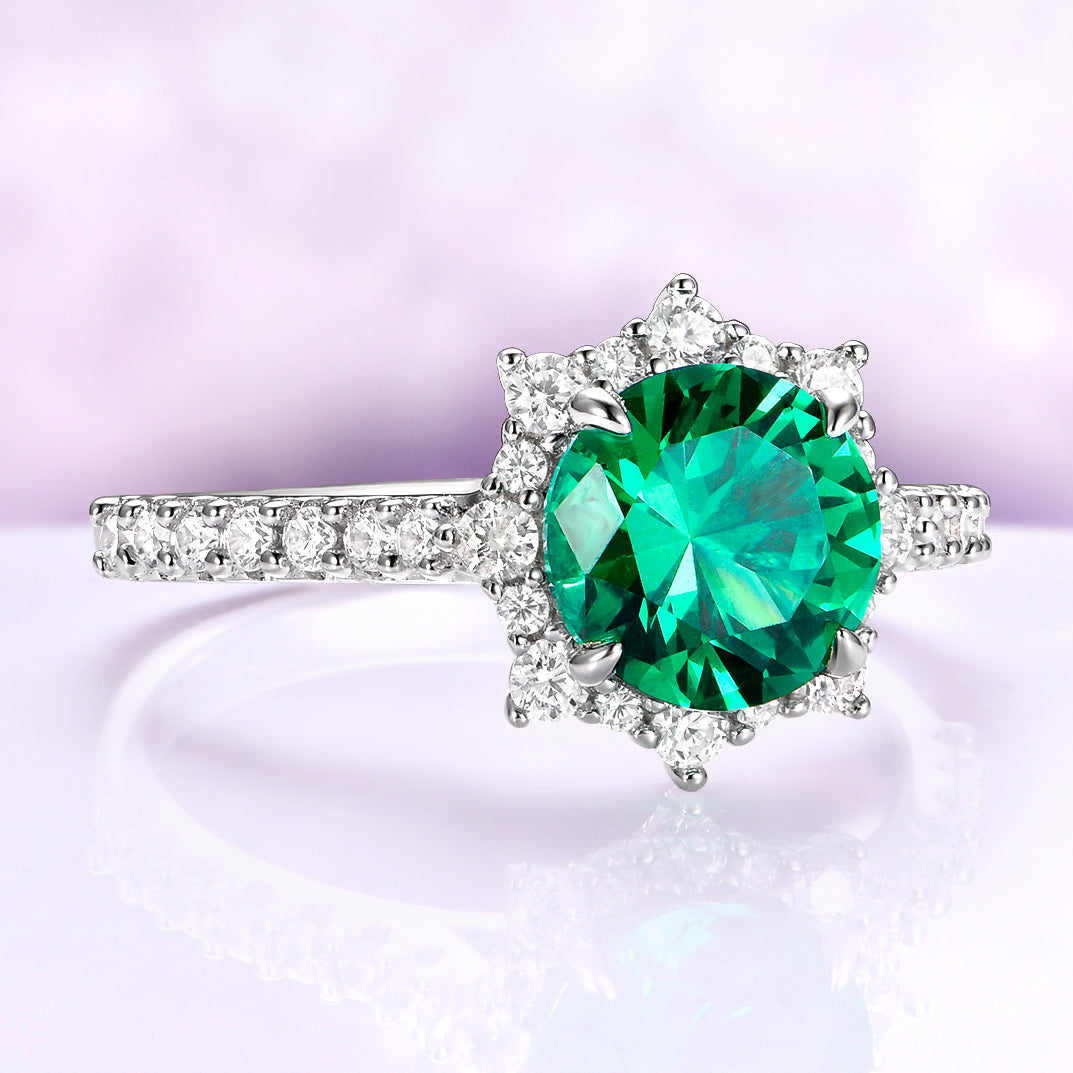 Aster Round Emerald Ring in Sterling Silver