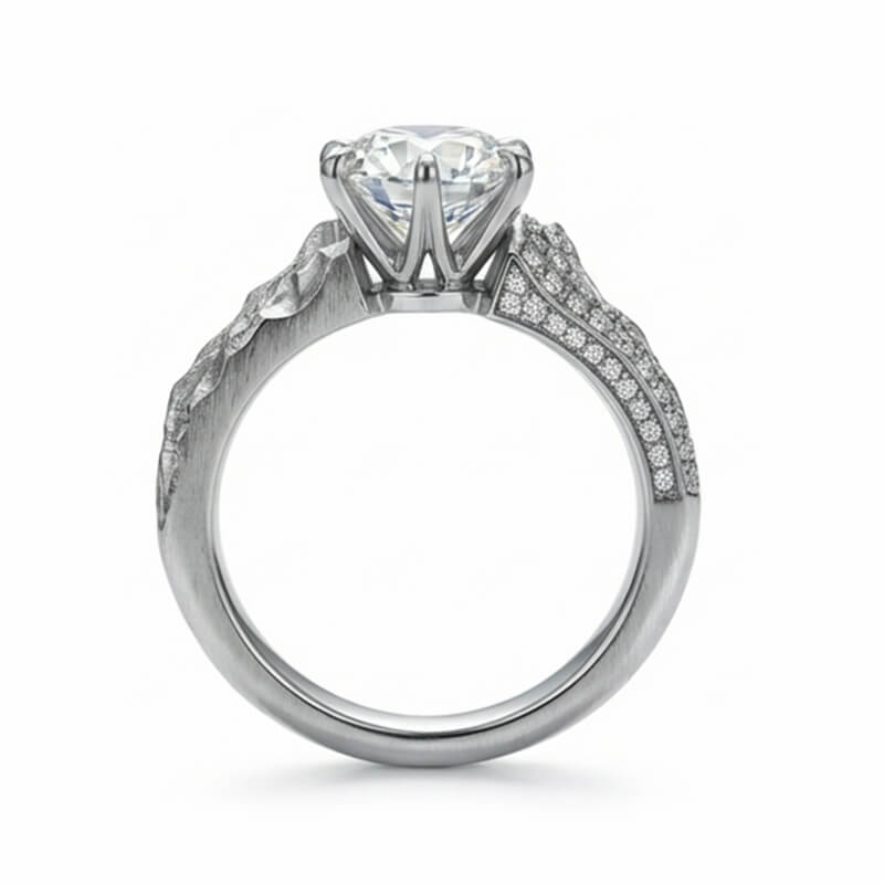 Asymmetrical Mountain Range Moissanite Pave Wide Band Engagement Ring