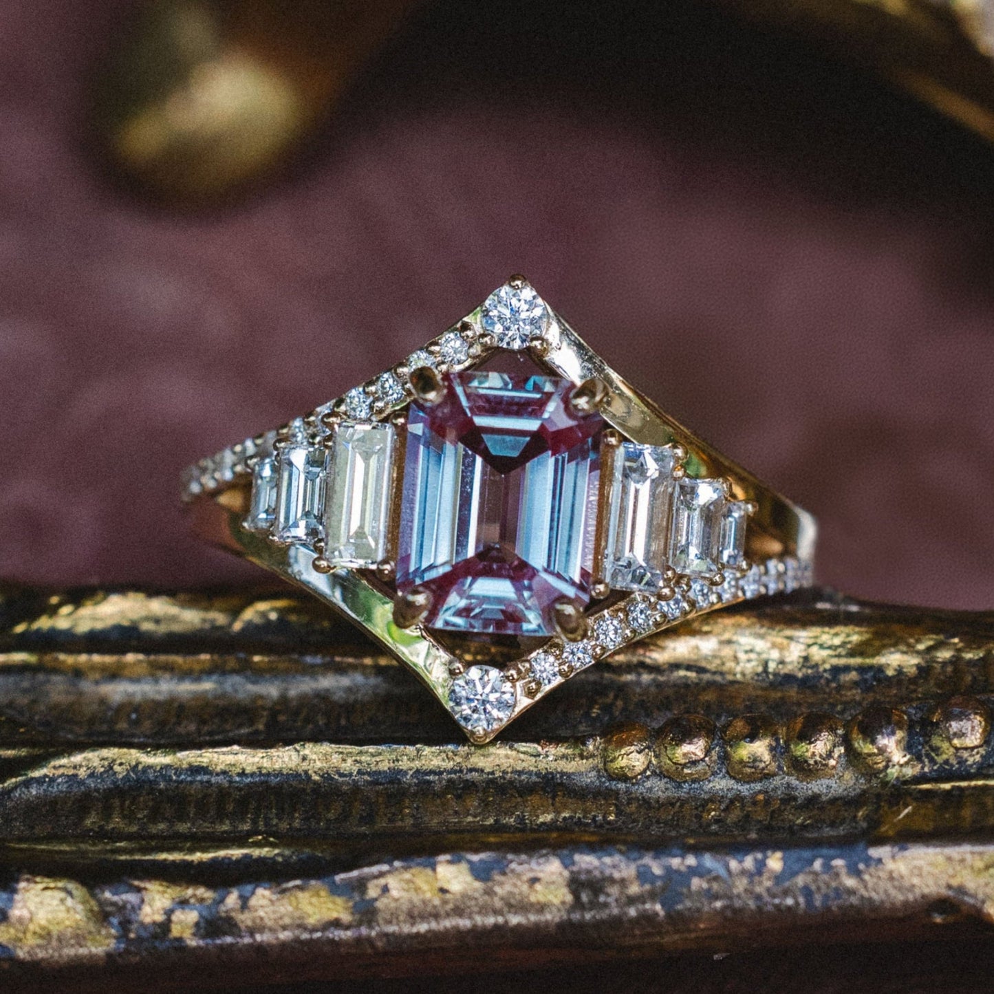 "Athena" - Emerald Cut Lab-Grown Alexandrite Engagement Ring With Diamond Accents