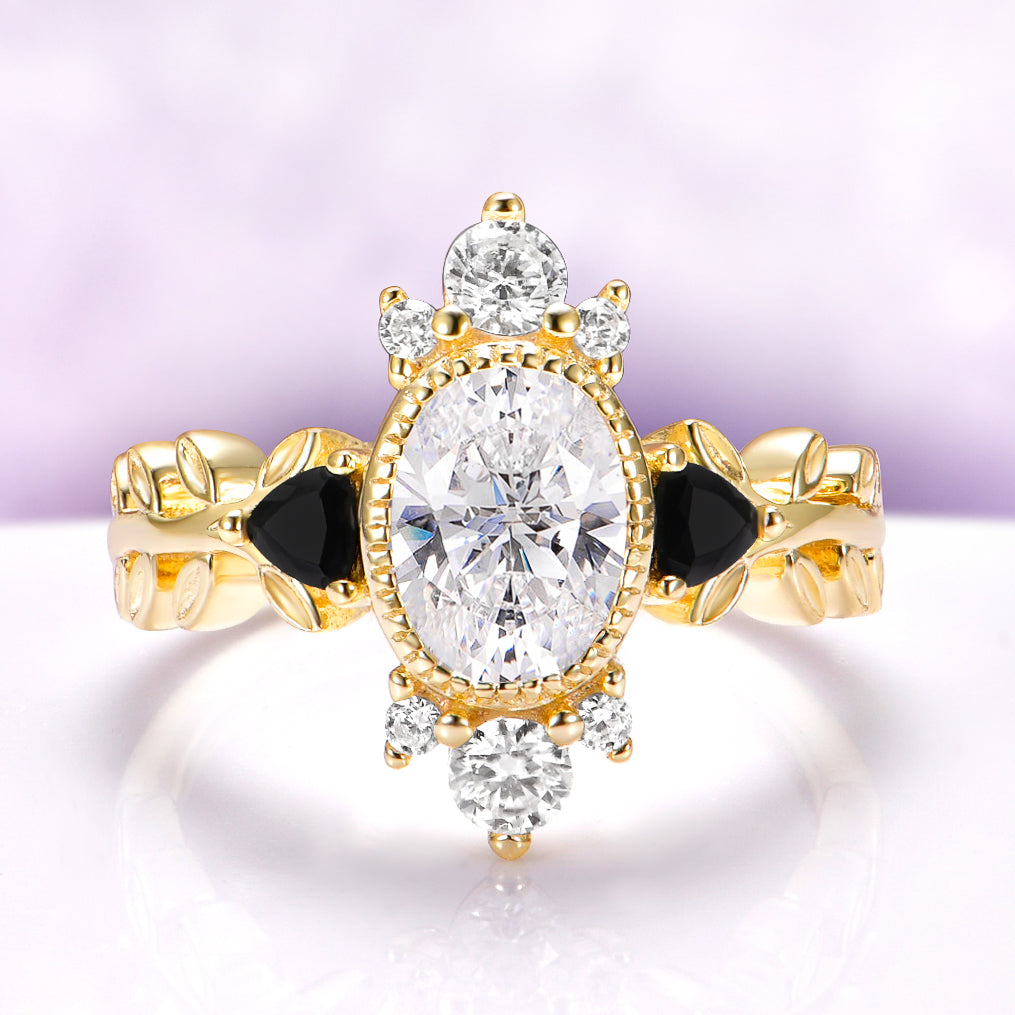 Aurelia Moissanite & Black Onyx Engagement Ring in Solid 14K Yellow Gold