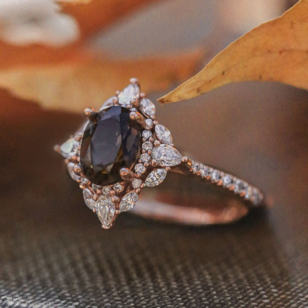 "North Star" - Oval Salt & Pepper Diamond Engagement Ring With Diamond Halo & Accents