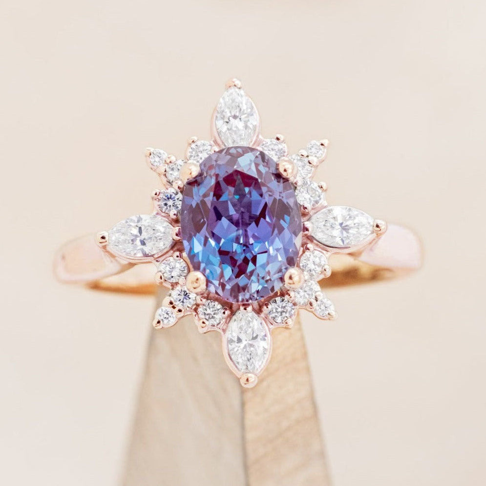 "Azalea" - Oval Cut Lab-Grown Alexandrite Engagement Ring With Diamond Halo