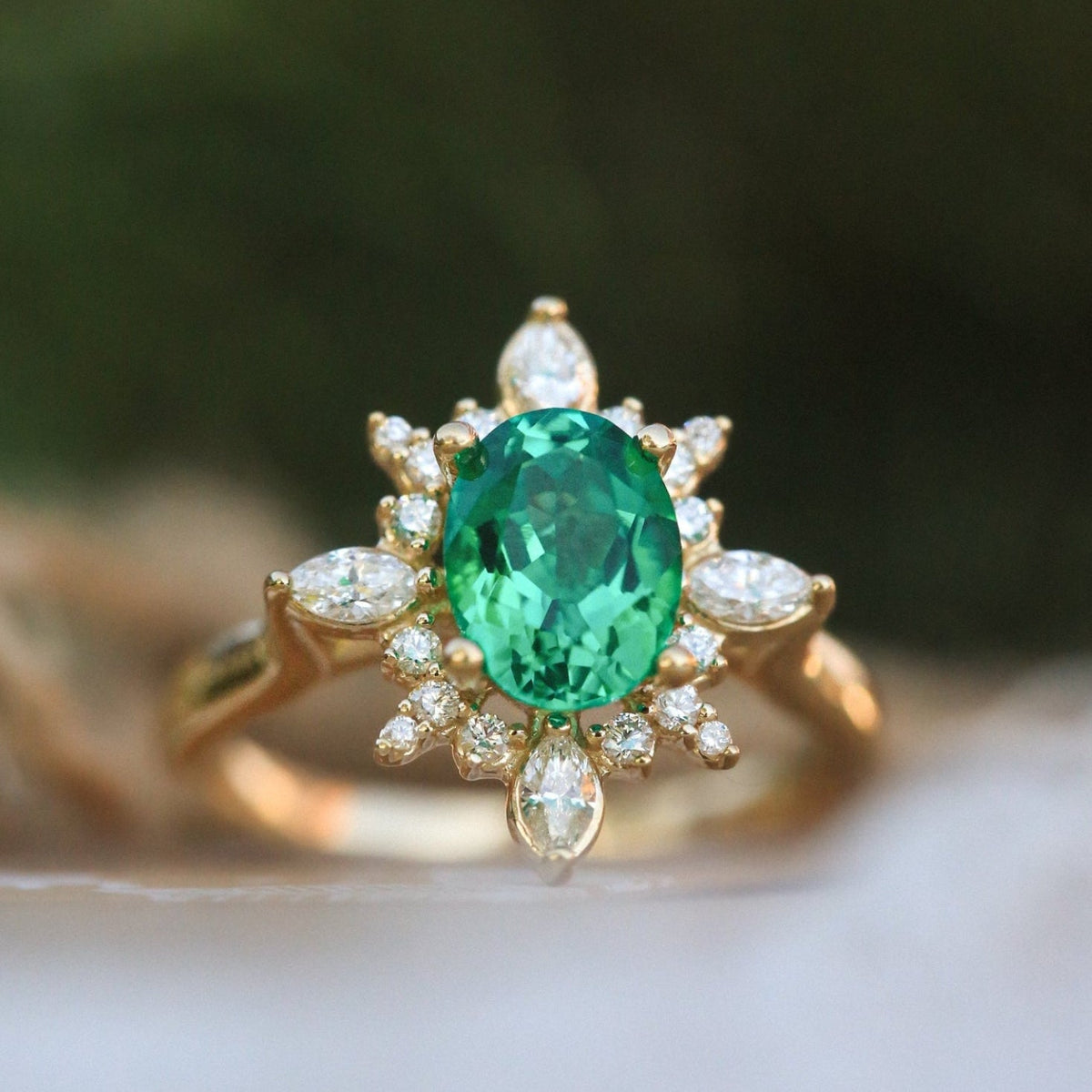 "Azalea" - Oval Lab-Grown Emerald Engagement Ring With Diamond Halo