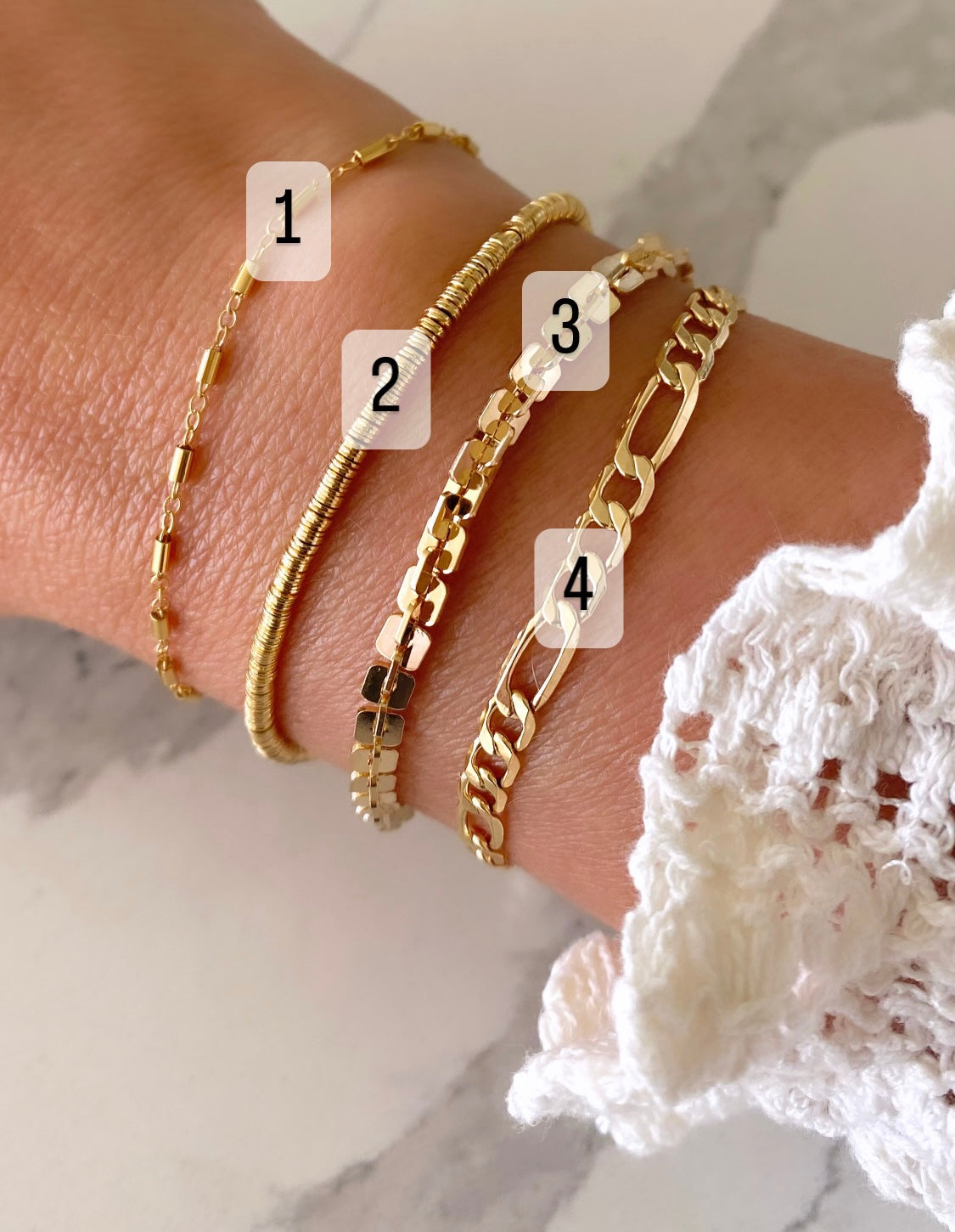 Gold Filled Stacking Bracelets Flat Figaro Chain Tube Bars Rings Sequins Chain - Minimalist Jewelry