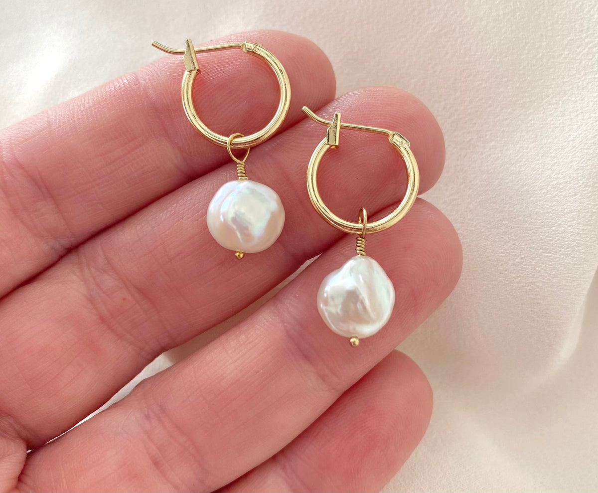Gold Filled Hoop Earrings with Pearl Charms Dainty Gold Hoops Pearl Dangle Drop Earrings Modern Pearl Jewelry Minimalist 2 in 1 Earring Set
