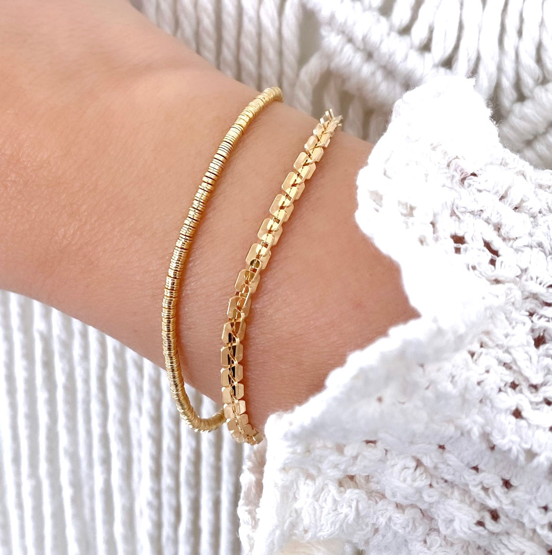 Gold Filled Stacking Bracelets Flat Figaro Chain Tube Bars Rings Sequins Chain - Minimalist Jewelry