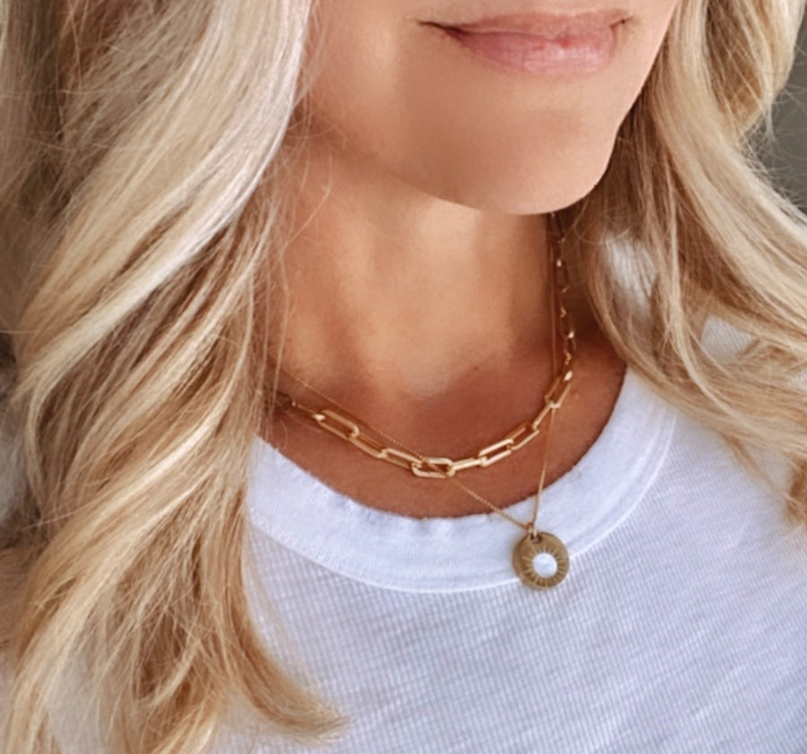 Gold Filled Medallion Coin Necklace Mother of Pearl Pendant Minimalist Layering Necklaces Thick Chunky Gold Coin Pendant Necklace Sun Disc