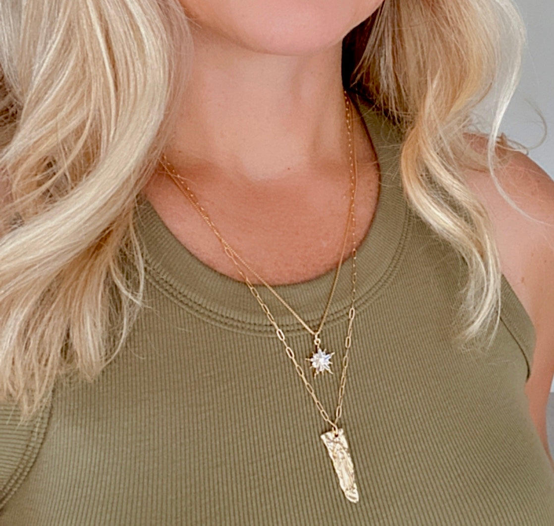 Crystal Necklace Gold Filled Baguette Pendant Necklace Starburst CZ Charm Necklace Minimalist Crystal Jewelry Christmas Gift Dainty Jewelry