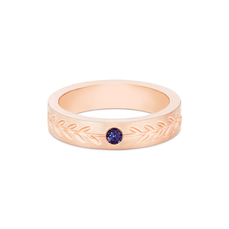 [Juniper] Unisex Gemstone Laurel Leaf Wedding Band in Lab Alexandrite