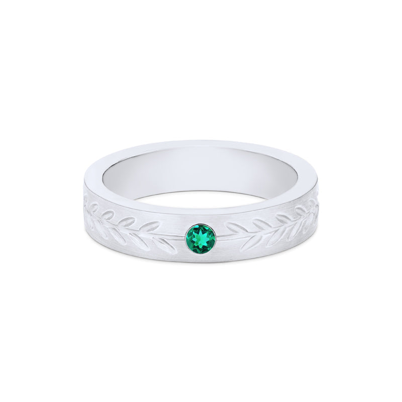 [Juniper] Unisex Gemstone Laurel Leaf Wedding Band in Emerald
