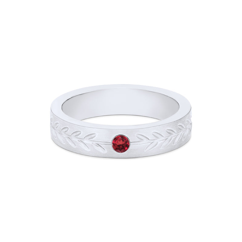 [Juniper] Unisex Gemstone Laurel Leaf Wedding Band in Ruby