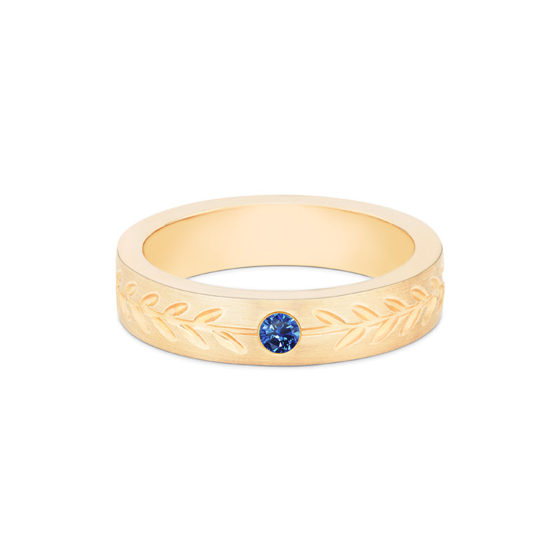 [Juniper] Unisex Gemstone Laurel Leaf Wedding Band in Blue Sapphire