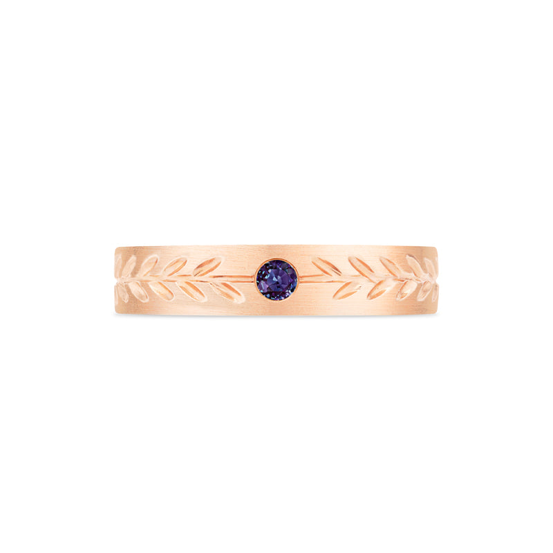 [Juniper] Unisex Gemstone Laurel Leaf Wedding Band in Lab Alexandrite