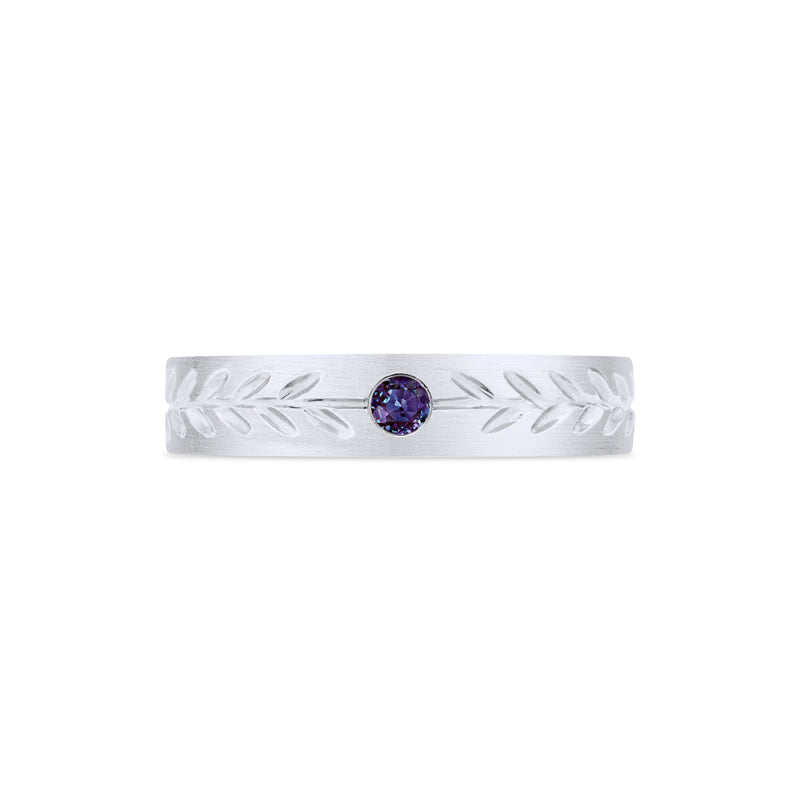 [Juniper] Unisex Gemstone Laurel Leaf Wedding Band in Lab Alexandrite
