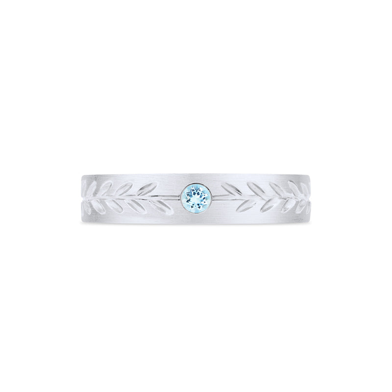 [Juniper] Unisex Gemstone Laurel Leaf Wedding Band in Aquamarine