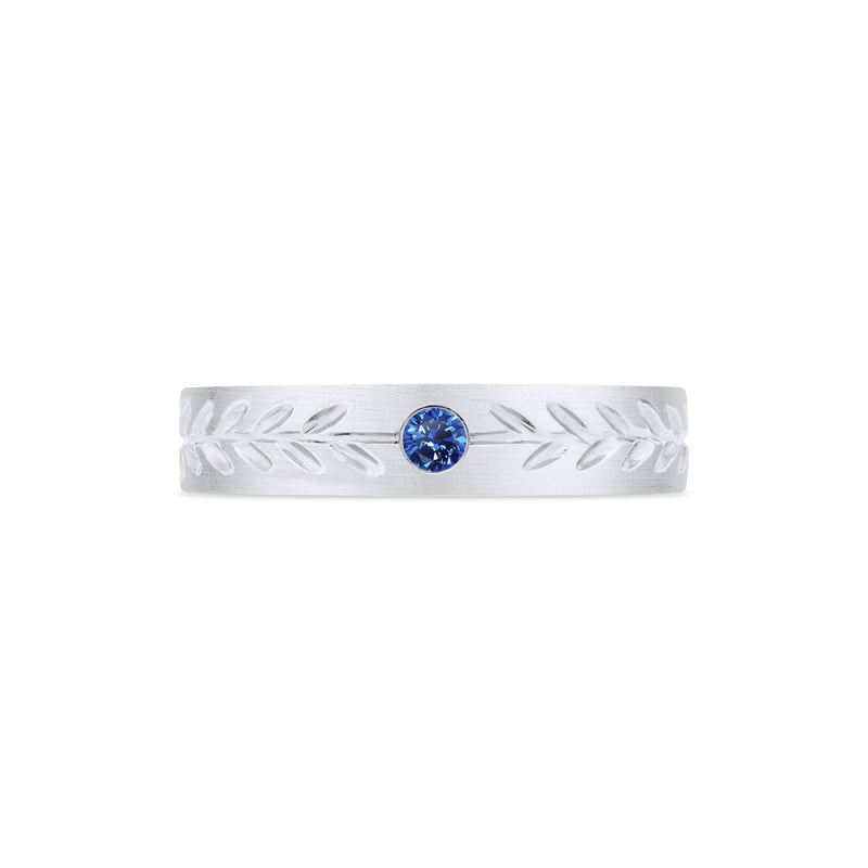 [Juniper] Unisex Gemstone Laurel Leaf Wedding Band in Blue Sapphire