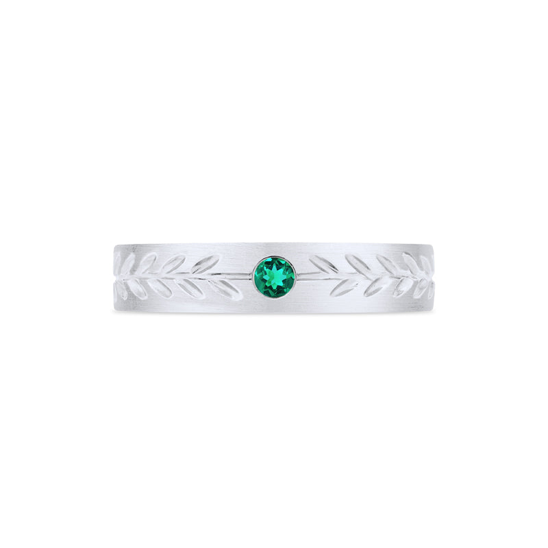 [Juniper] Unisex Gemstone Laurel Leaf Wedding Band in Emerald