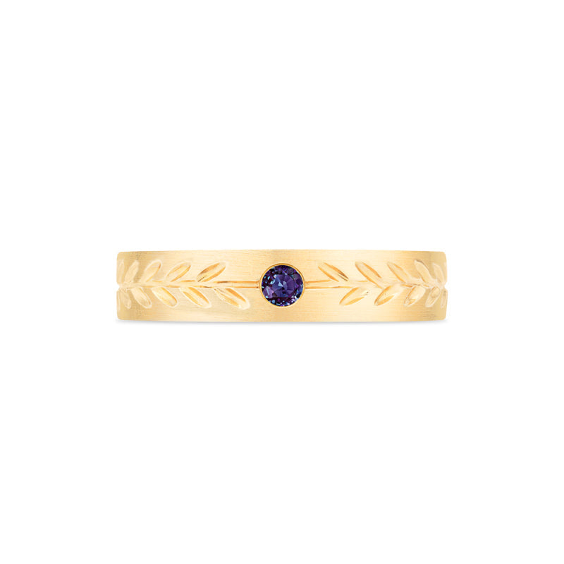 [Juniper] Unisex Gemstone Laurel Leaf Wedding Band in Lab Alexandrite