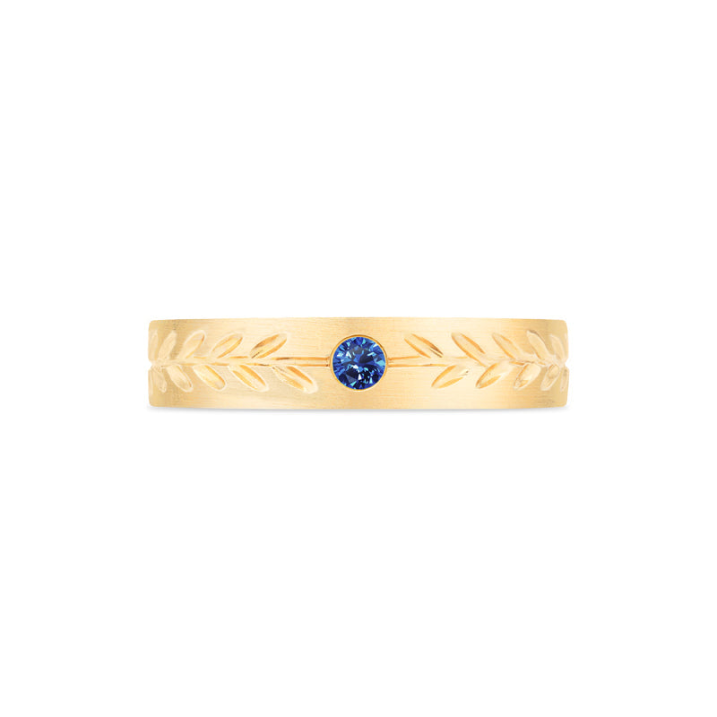 [Juniper] Unisex Gemstone Laurel Leaf Wedding Band in Blue Sapphire