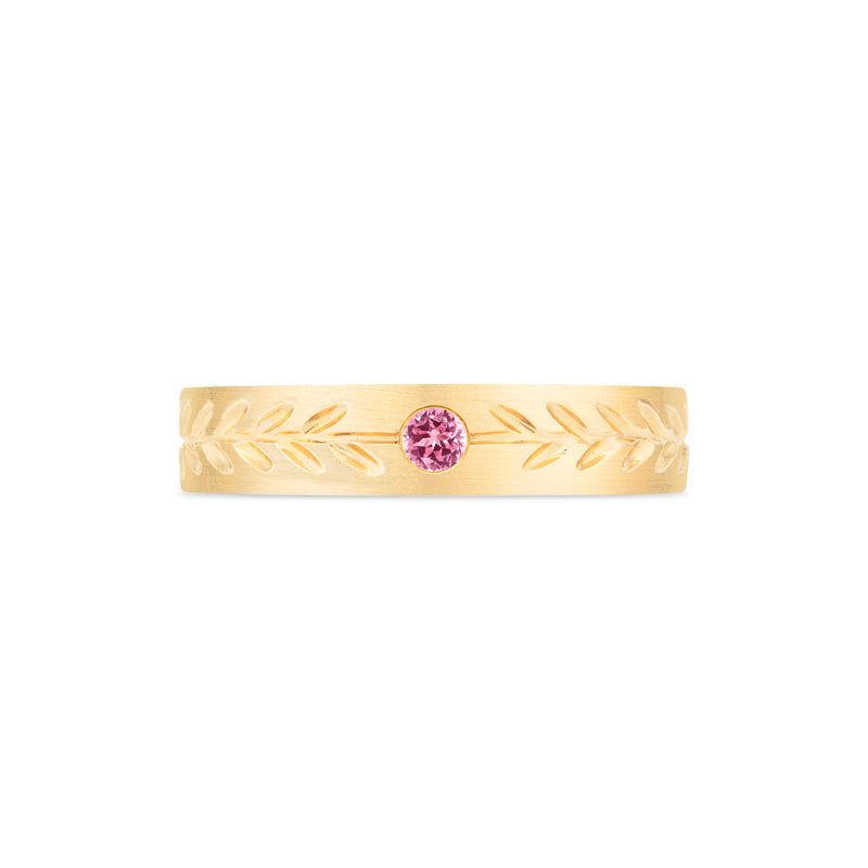 [Juniper] Unisex Gemstone Laurel Leaf Wedding Band in Pink Sapphire