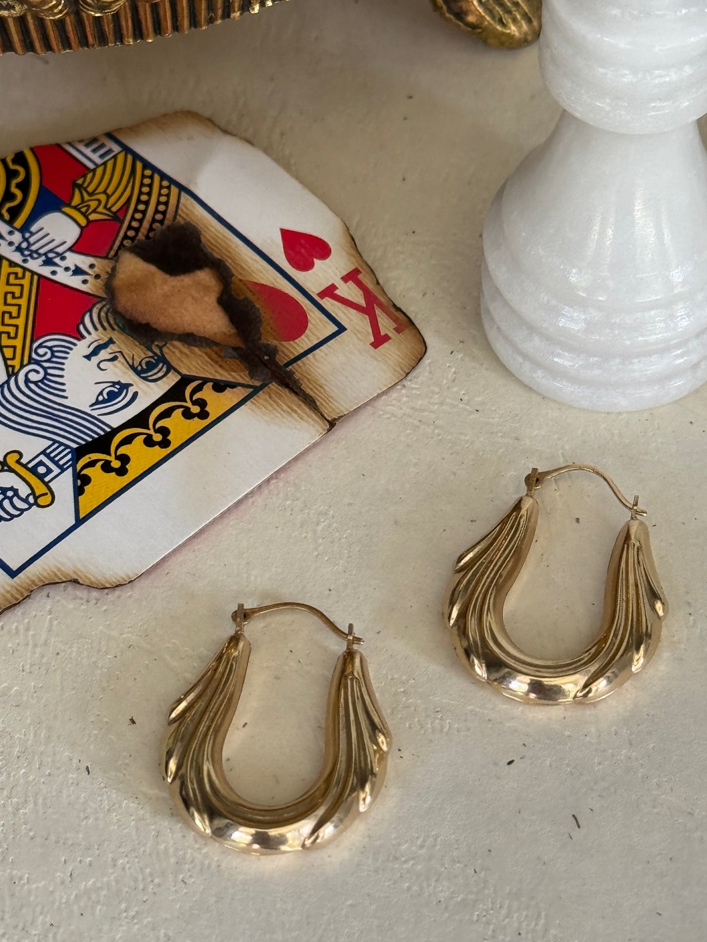 Estate 14k Yellow Gold Puffy Draped Oval Hoop Earrings