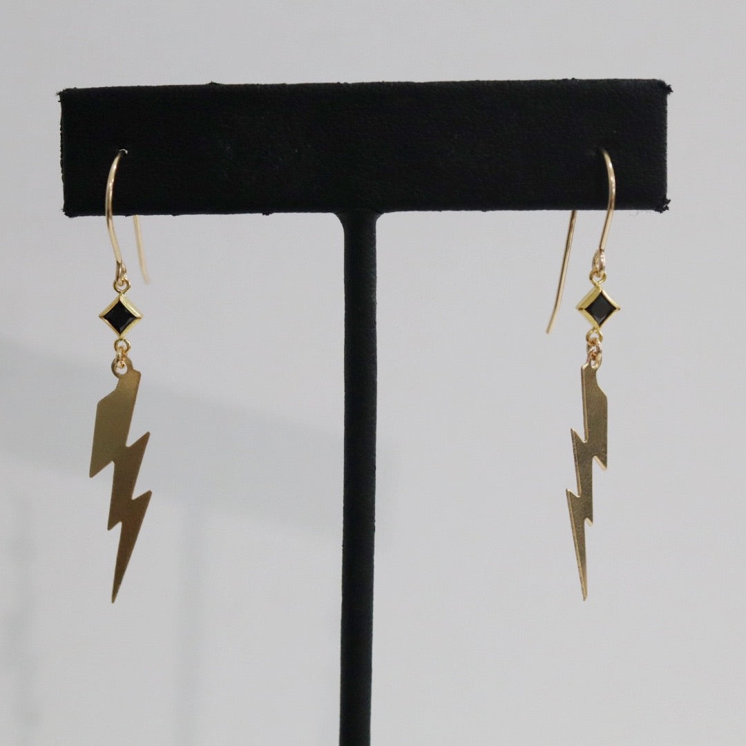 Lightning Bolt and Black Diamond Dangle Earrings in 14 karat Gold Fill / ready to ship