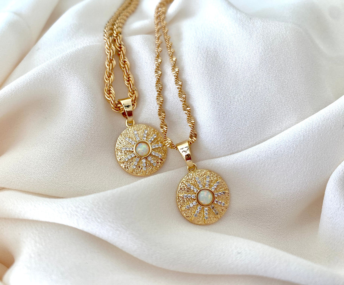 Opal Necklace Opal Coin Pendant Necklace October Birthstone Gold Filled Genuine Opal Charm Crystal Medallion Necklace Minimalist Jewelry