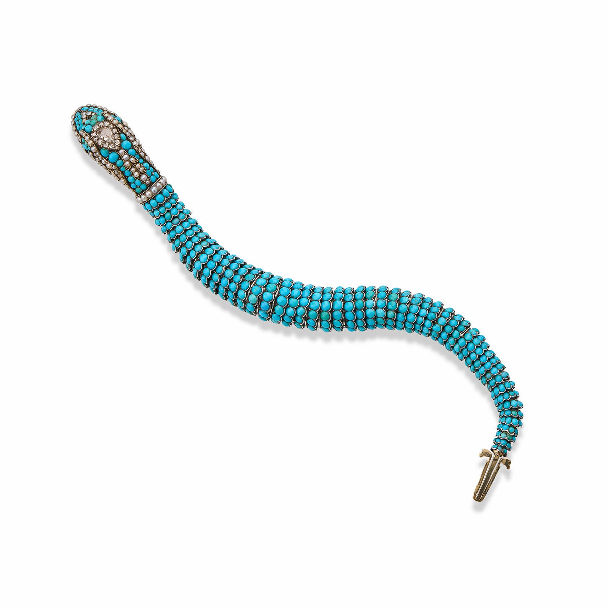 Antique Turquoise, Diamond and Pearl Snake Bracelet