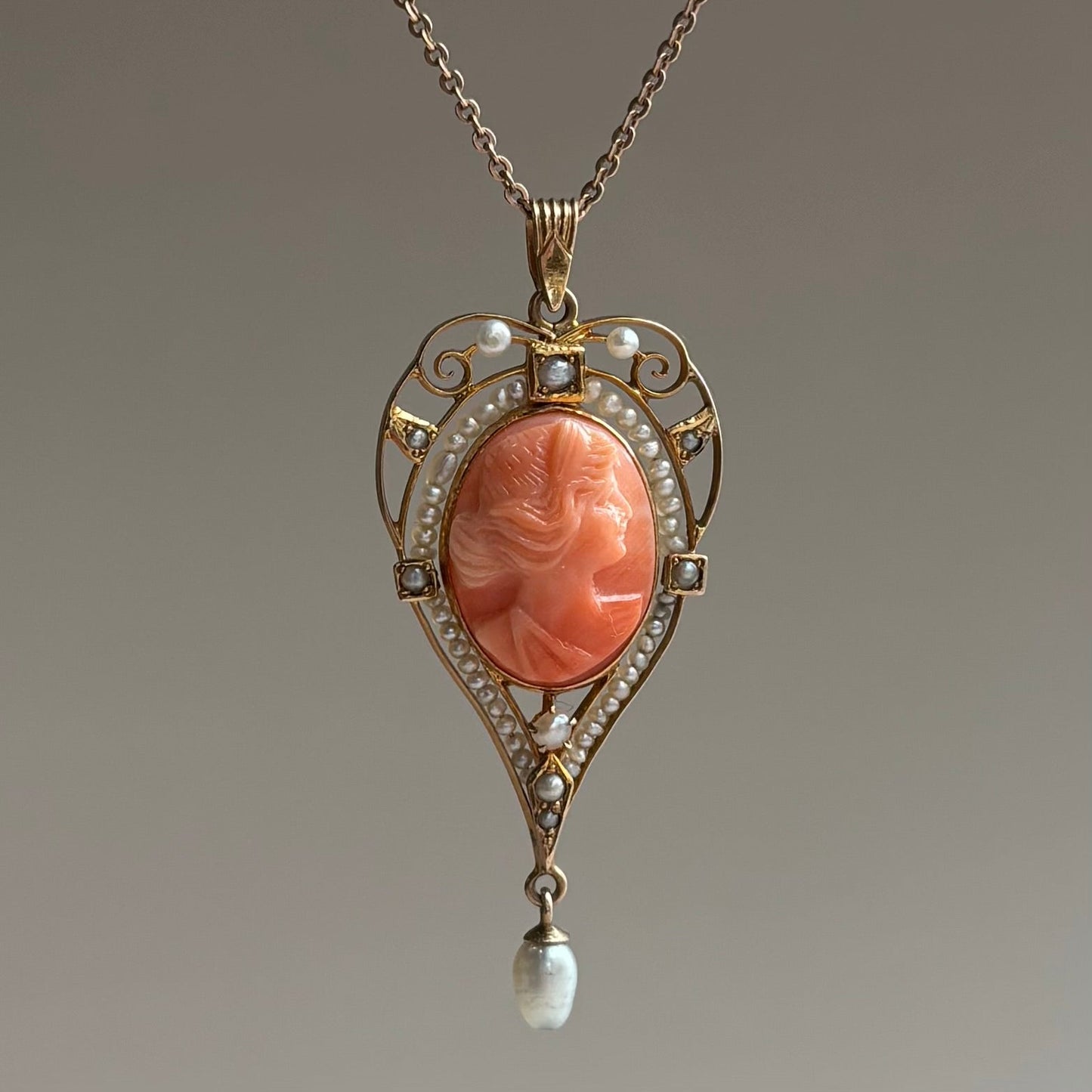 Coral Cameo & Seed Pearl Lavalier Necklace | 10k Yellow Gold | Vintage
