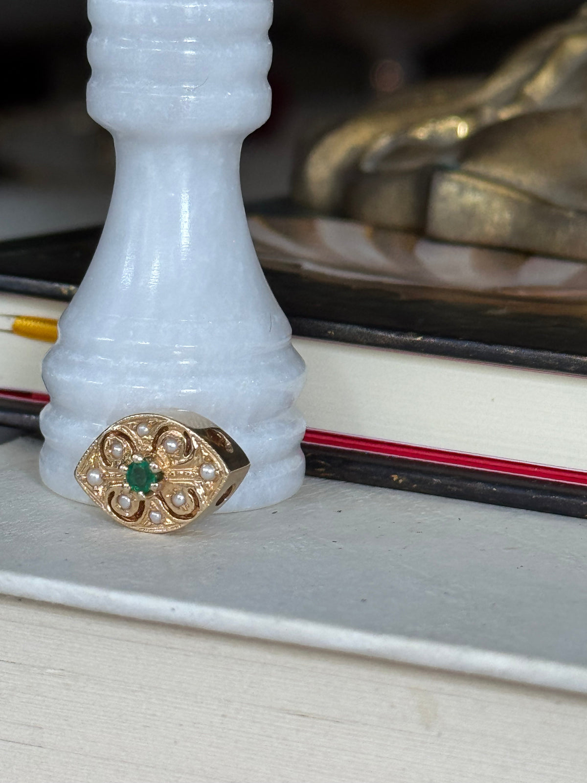 Vintage 14k Yellow Gold & Emerald Ornate  Double Slider Charm