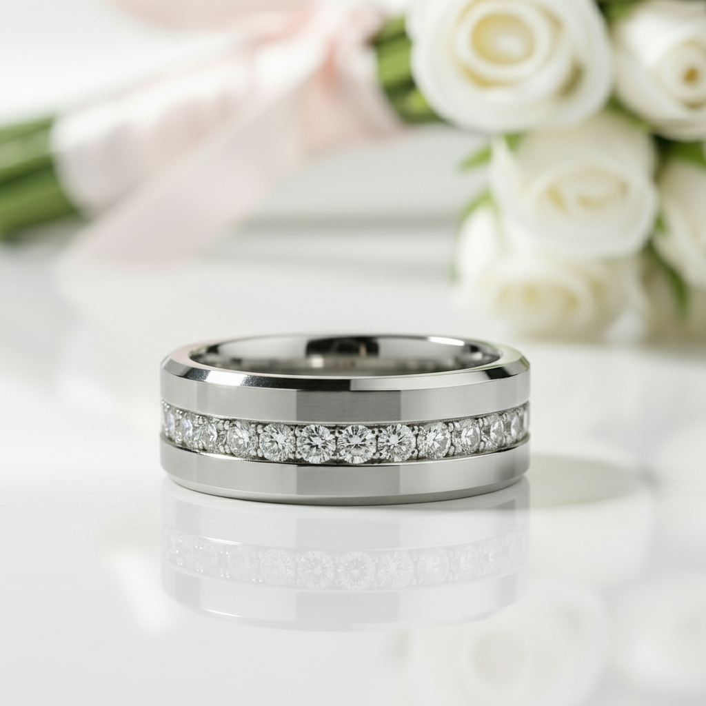 Diamond Option Inlay Beveled Edges Black 10k Gold Men's Wedding Band
