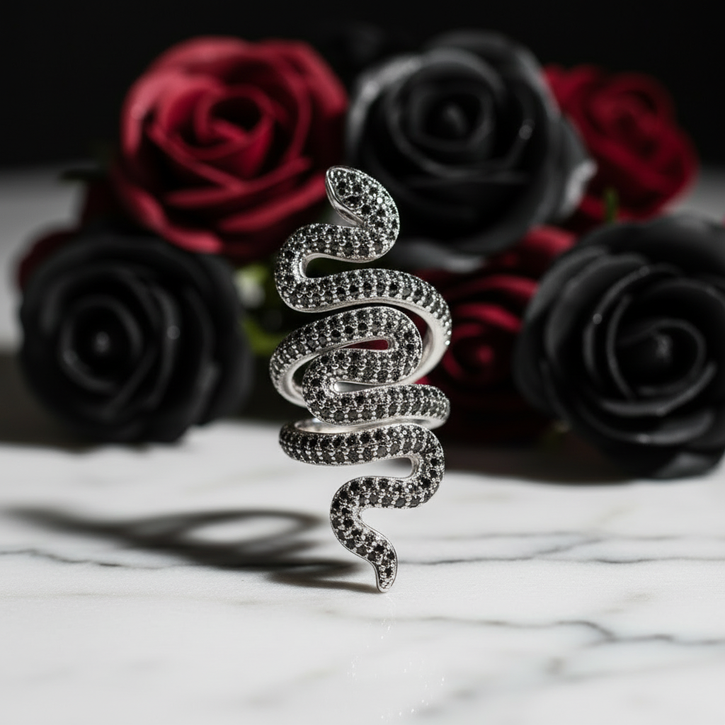 Gothic Serpent Wrap Black Diamond Option Adjustable Statement Ring