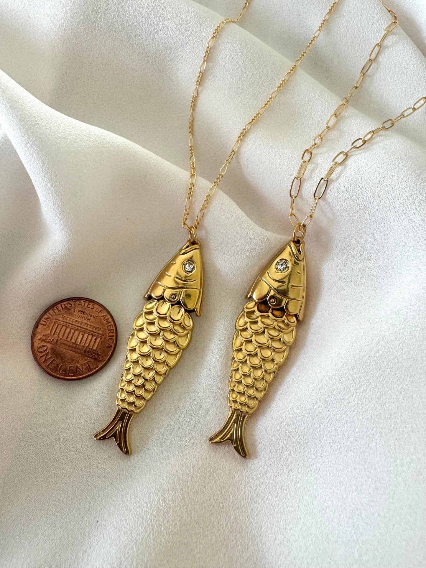 Articulated Gold Sardine Fish Pendant Necklace - Gold Filled Chain