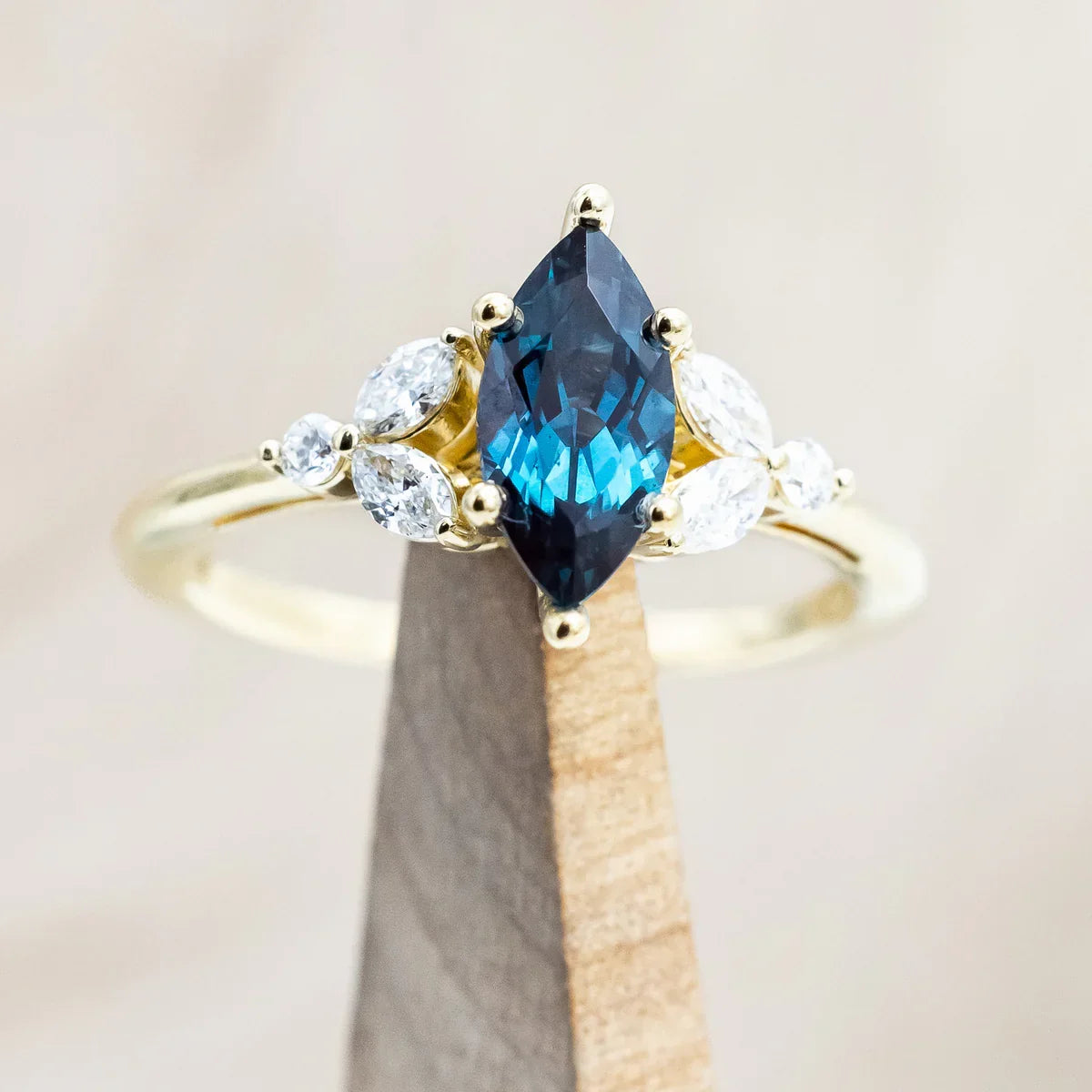 "Blossom" - Marquise Cut Lab-Grown Alexandrite Engagement Ring With Diamond Accents - 14K Yellow Gold - Size 7 1/4