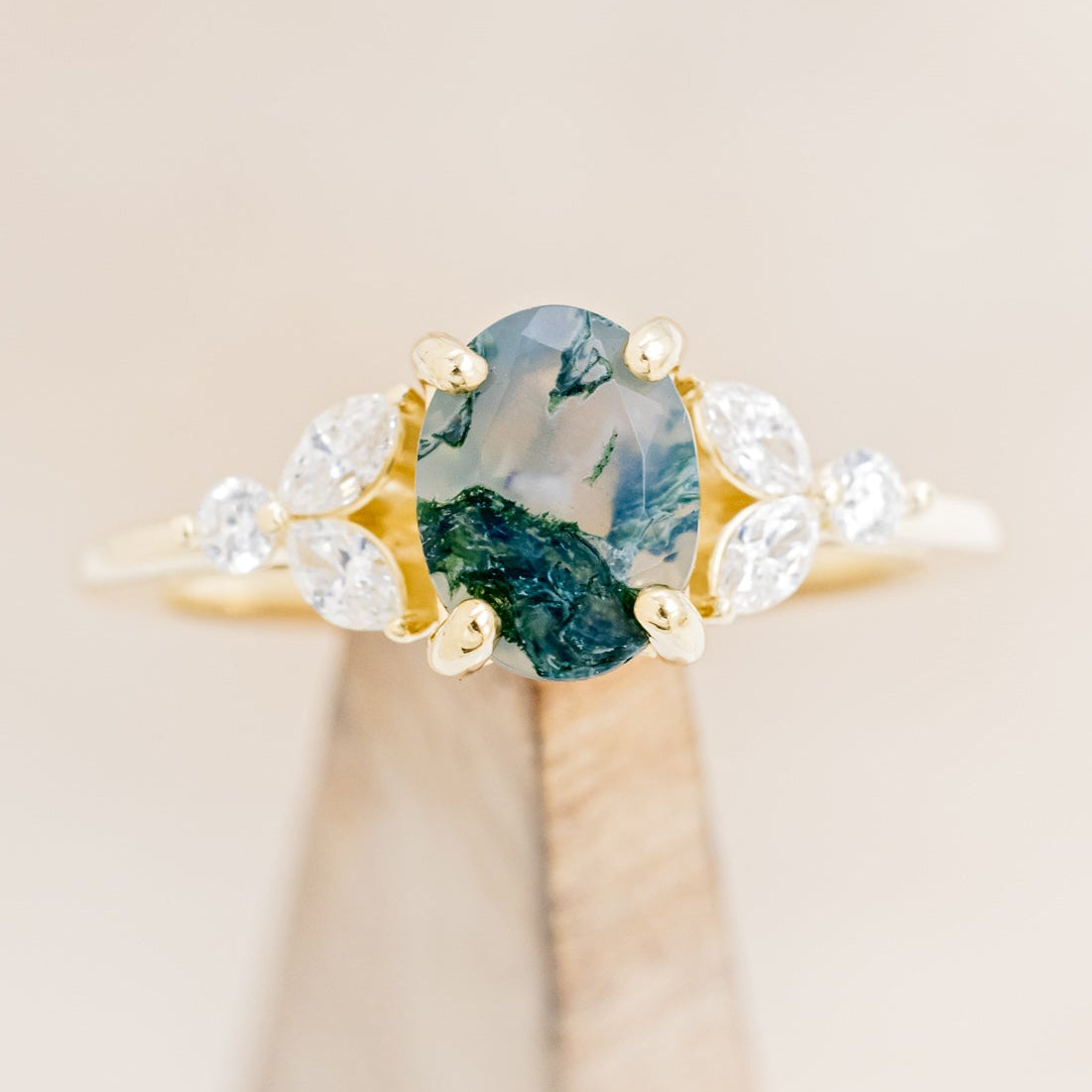 "Blossom" - Oval Cut Moss Agate Engagement Ring With Diamond Accents