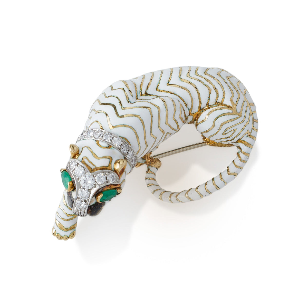 David Webb White Enamel Tiger Brooch
