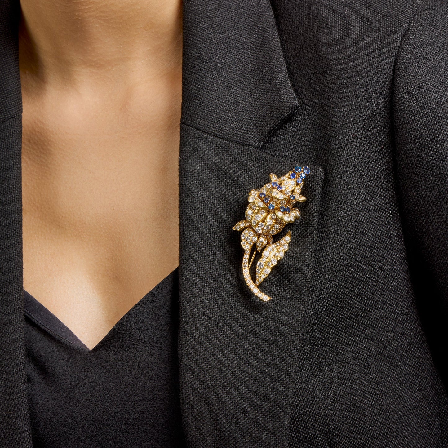 Lacloche Frères Diamond and Sapphire Flower Brooch